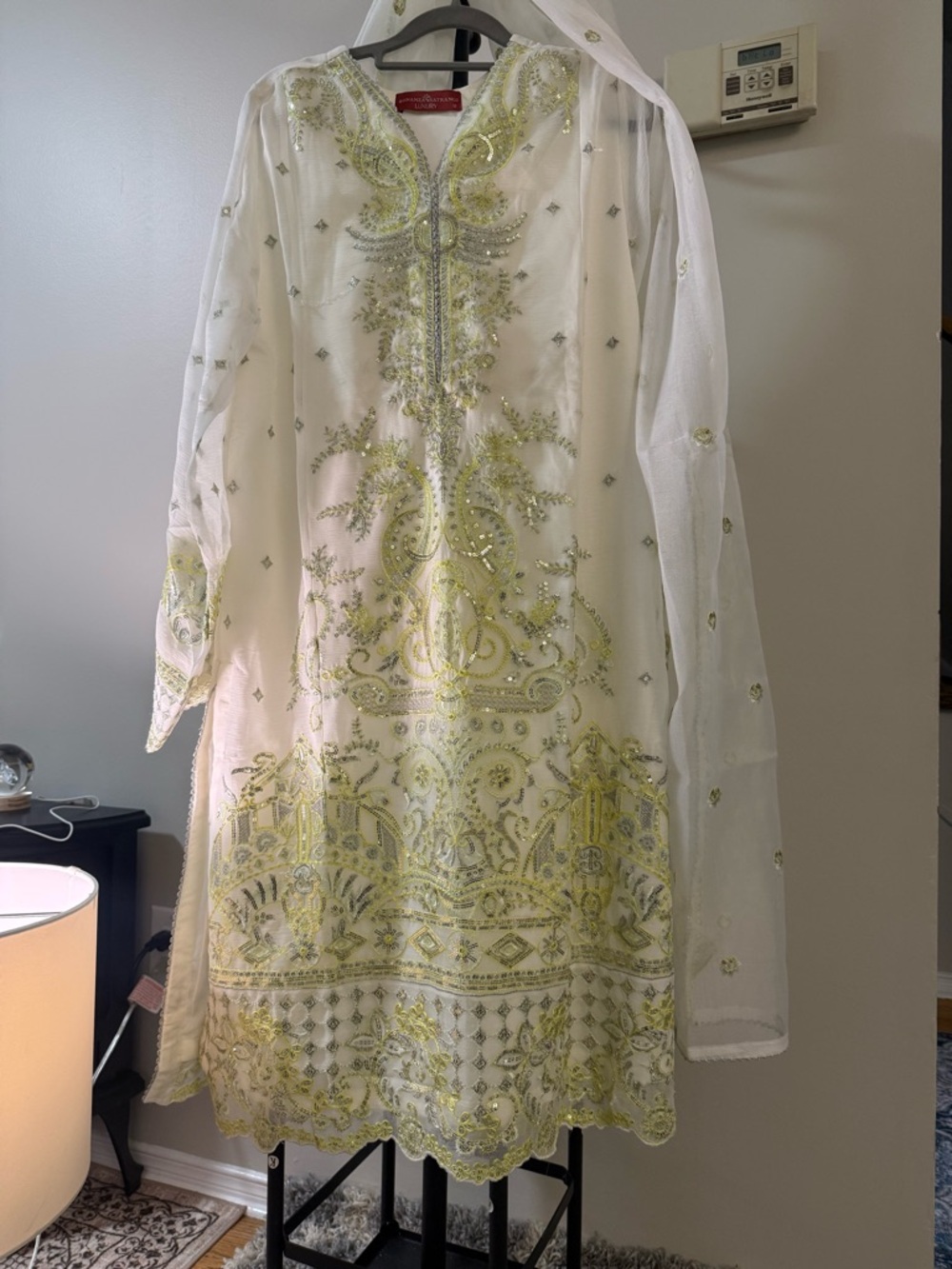 Embellished Cream & Light Green Women's Dress